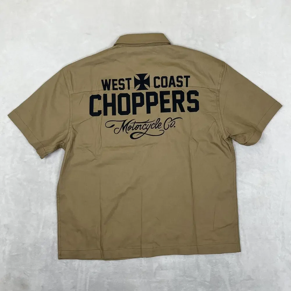 West Coast Choppers Shirt Mens Small Beige Motorcycle Short Sleeve Button Front